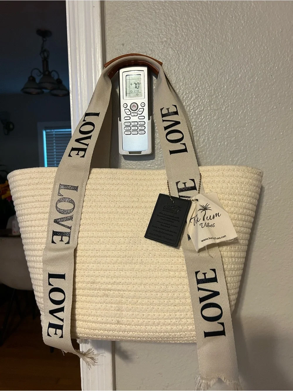 The Yum Vibes Cream Woven Tote with LOVE Shoulder Straps